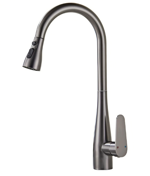 Gunmetal kulrang baland yoyli g'oz bo'yinli issiq va sovuq oshxona krani Gunmetal kulrang baland yoyli g'oz bo'yinli issiq va sovuq oshxona krani